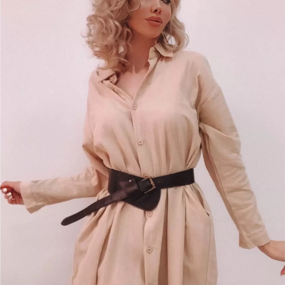 Shirt dress long women’s button collar top pockets white black - Picture 15 of 16